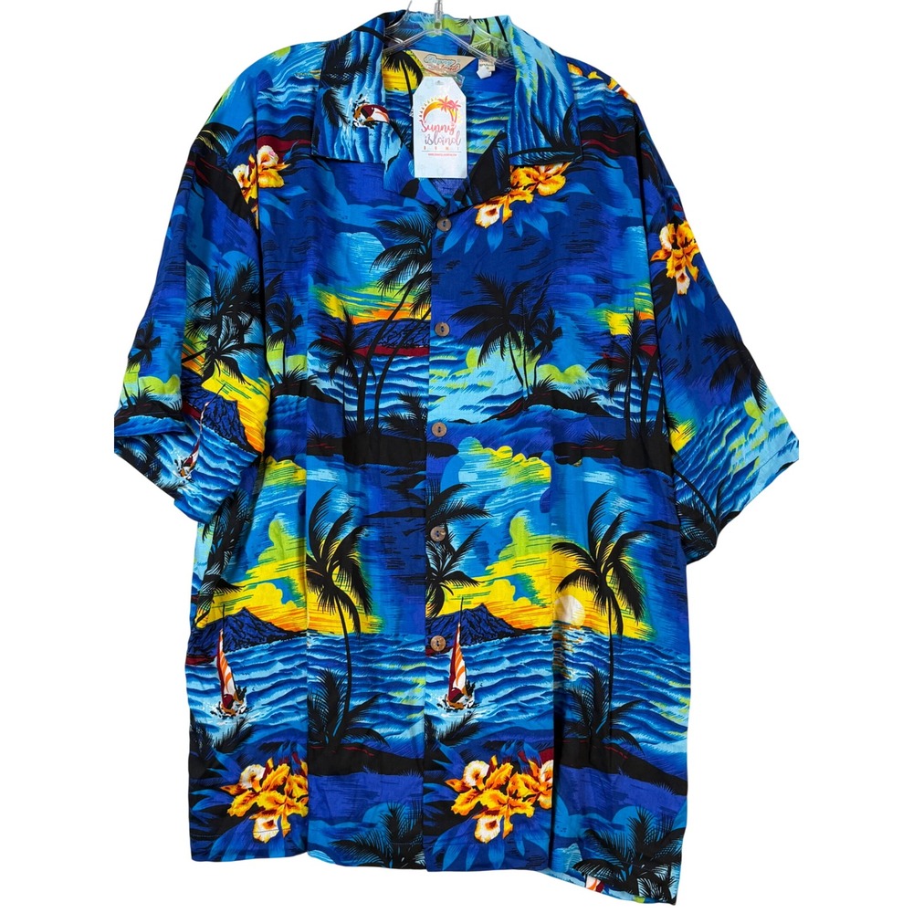 NWT Sunny Island Mens Hawaiian Shirt 3XL Blue Tropical Palm Tree Rayon Button Up